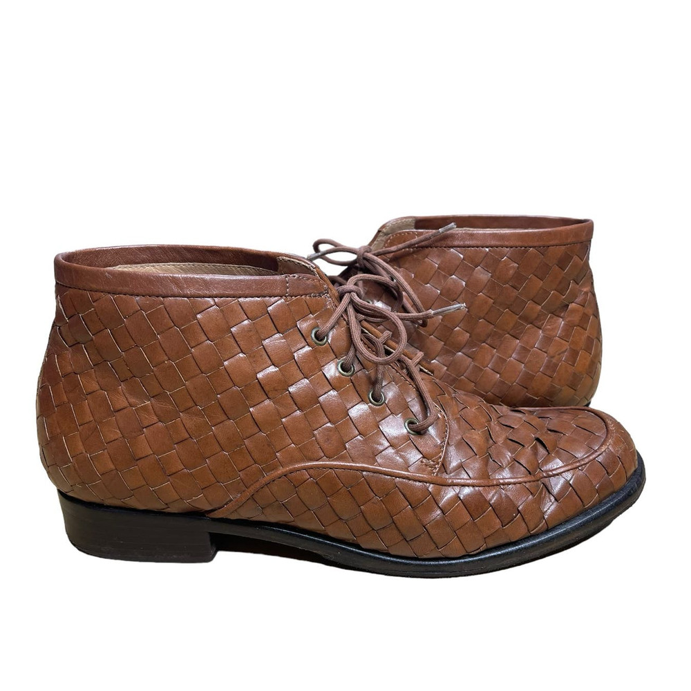 ORVIS Woven Basket Weave Brown Leather Lace up Ankle Boot Bootie 8 B 8B *FLAW